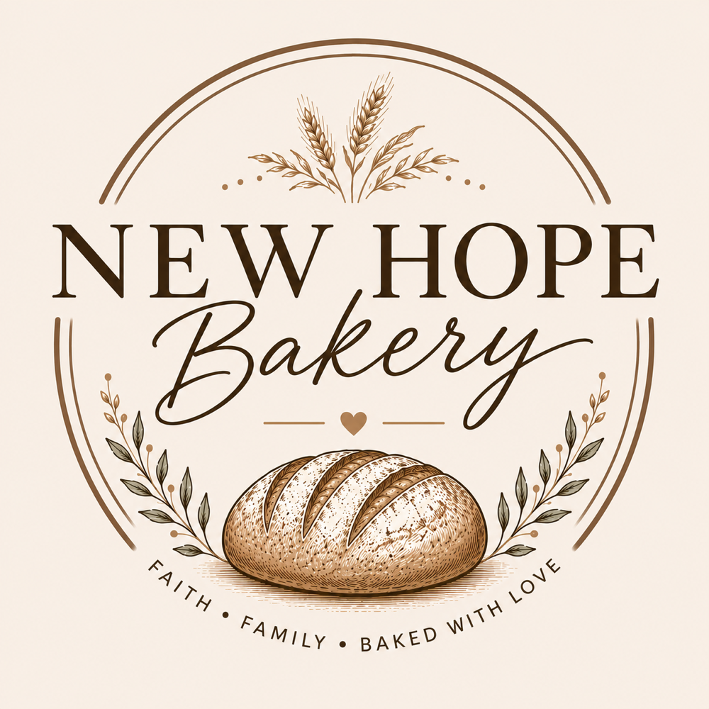 New Hope Bakery emblem with wheat stalks, laurel leaves, and a sourdough loaf